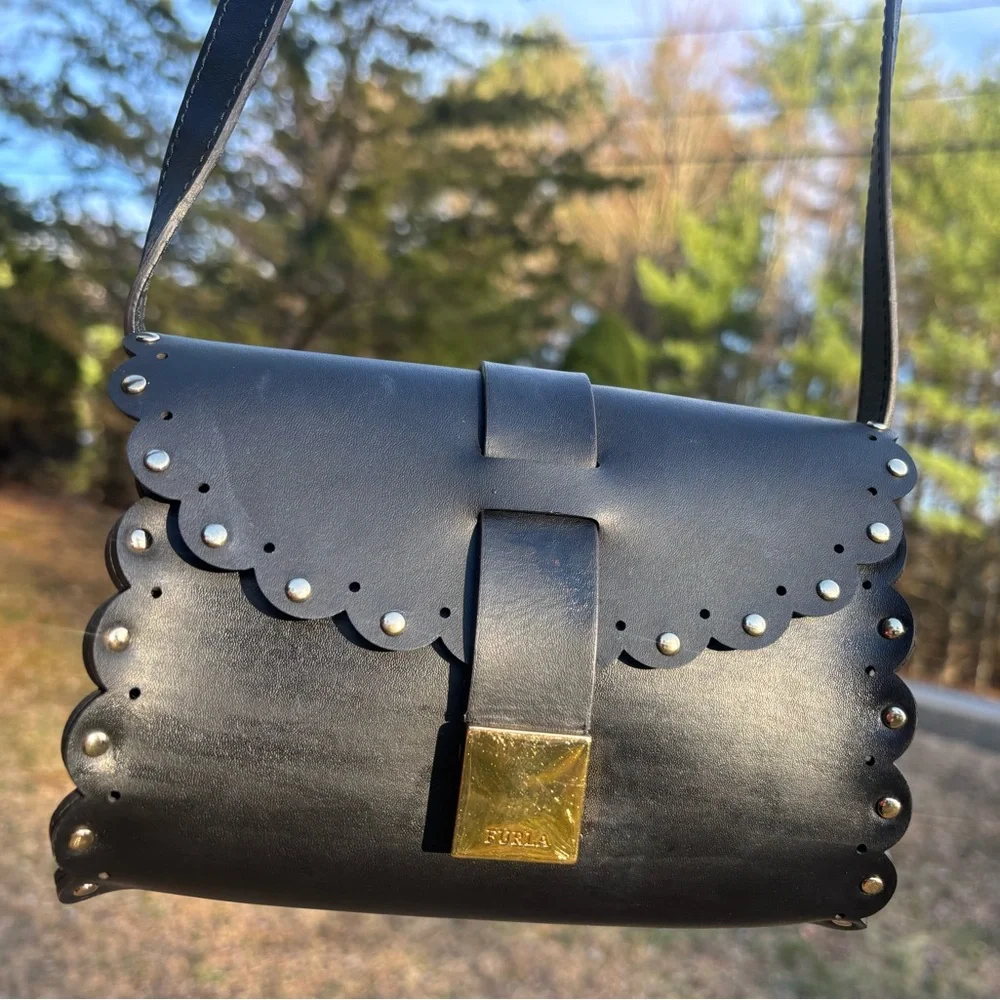 Furla Black Scalloped Leather Crossbody Bag with Gold‎ Hardware